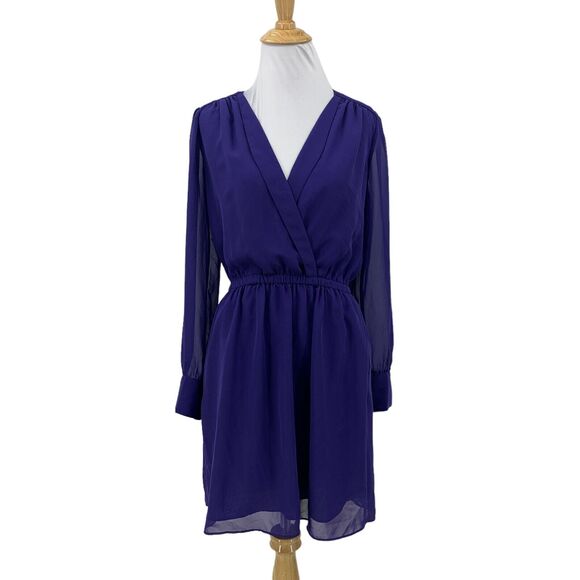 BCBGeneration Surplice Dress Womens XXS Royal Blue Cinch Waist Chiffon Sleeves - Picture 1 of 16
